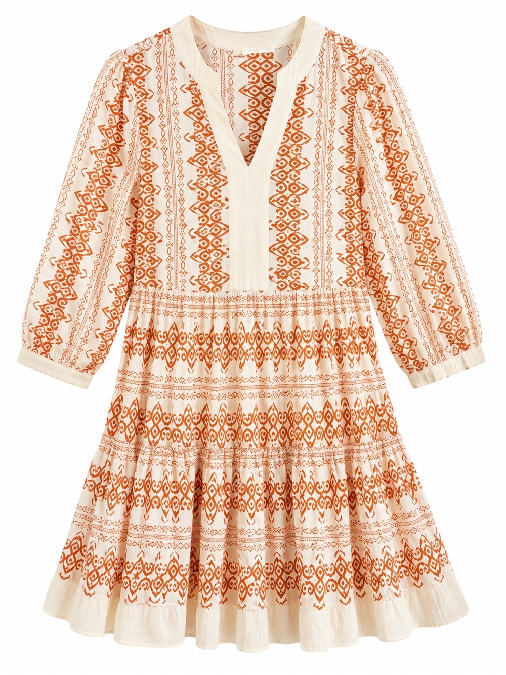Boho V-Neck Tiered Dress in Cream with Rust Print